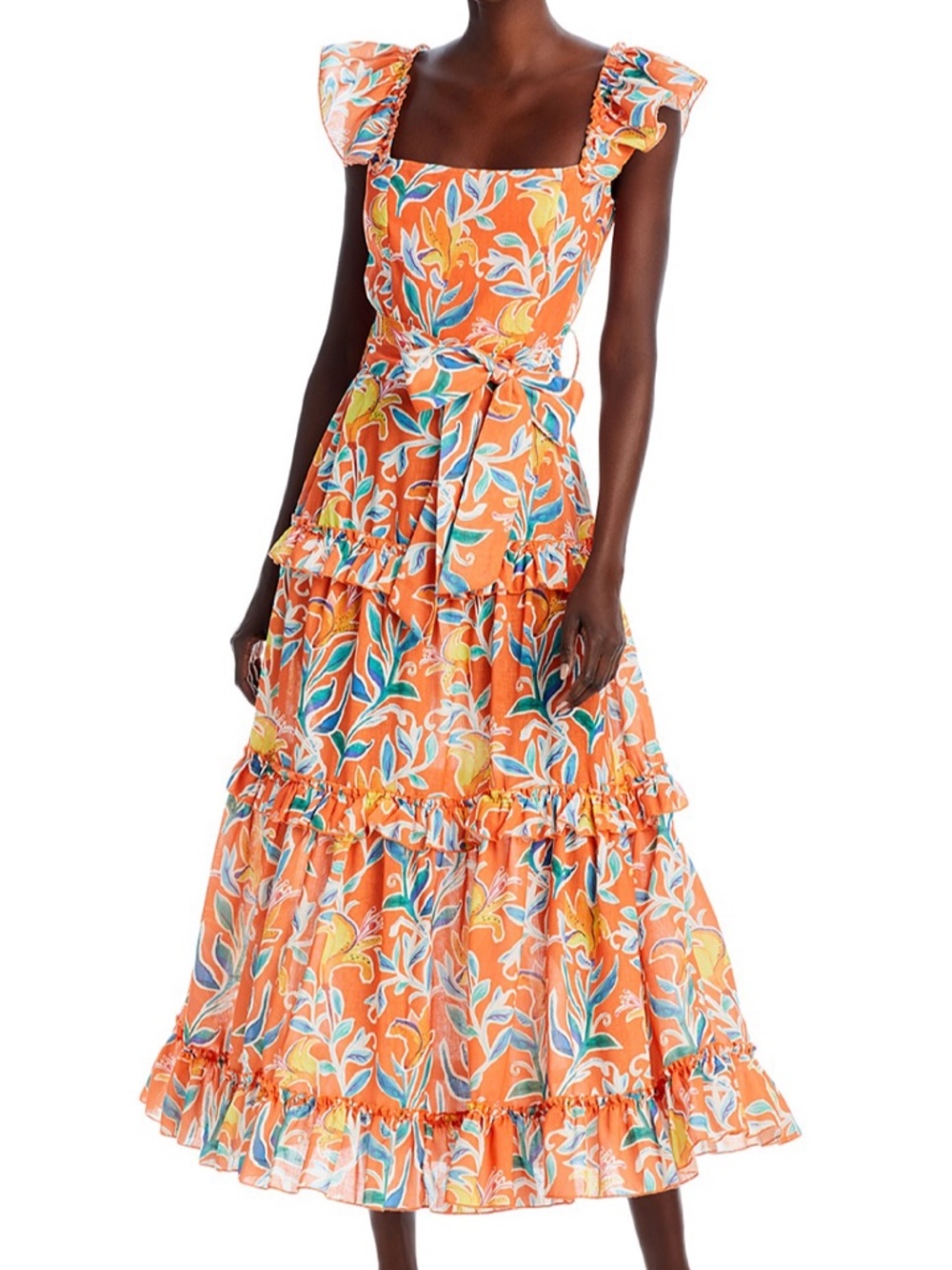 NWOT AQUA Orange Tropical Ruffle Tiered Maxi Dress Size L Resort Wedding Guest
